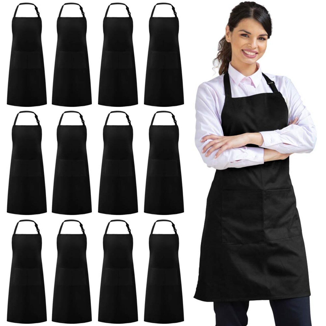 12 Pack Bib Apron, Unisex Aprons Adjustable Waterdrop Resistant with 2 Pockets Cooking Kitchen Apron for Chef, BBQ Drawing Apron Bulk, Black